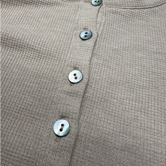 LOGO: Waffle Lace Henley Taupe Thermal Long Sleeve Blouse - Picture 5 of 7